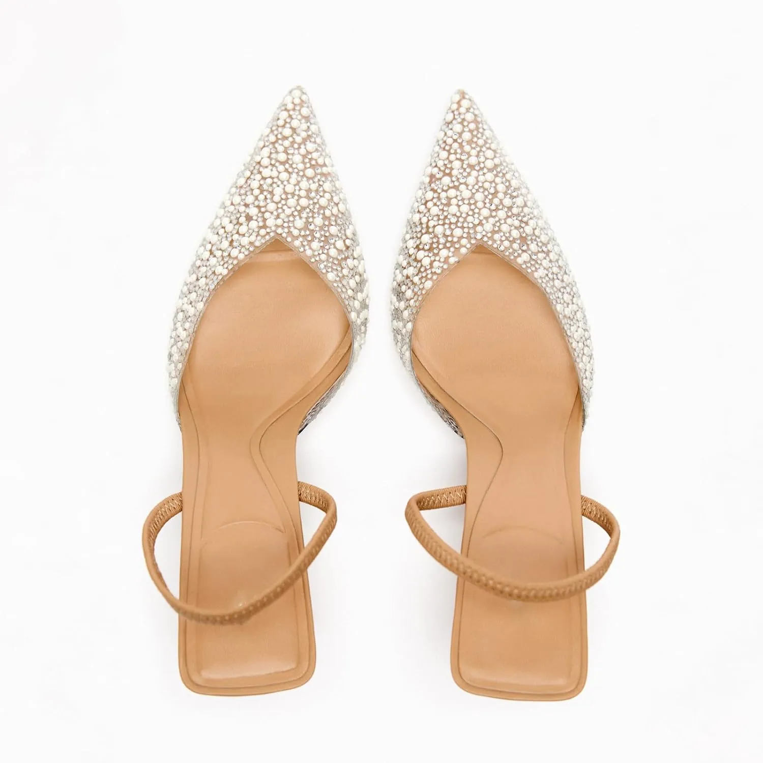 YIYA Women's Clear Slingback Heels with Pearl Studded Pointed Toe Kitten Mid Heels Sparkly Rhinestone Slip On Wedding Party Shoes