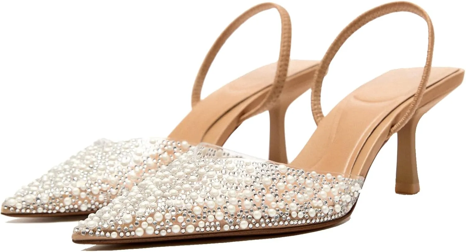 YIYA Women's Clear Slingback Heels with Pearl Studded Pointed Toe Kitten Mid Heels Sparkly Rhinestone Slip On Wedding Party Shoes