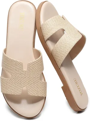 Yozuru Womens Flat Sandals Open Toe Dressy Summer Sandals Comfortable Casual Slip on Leather Slides Sandals for women