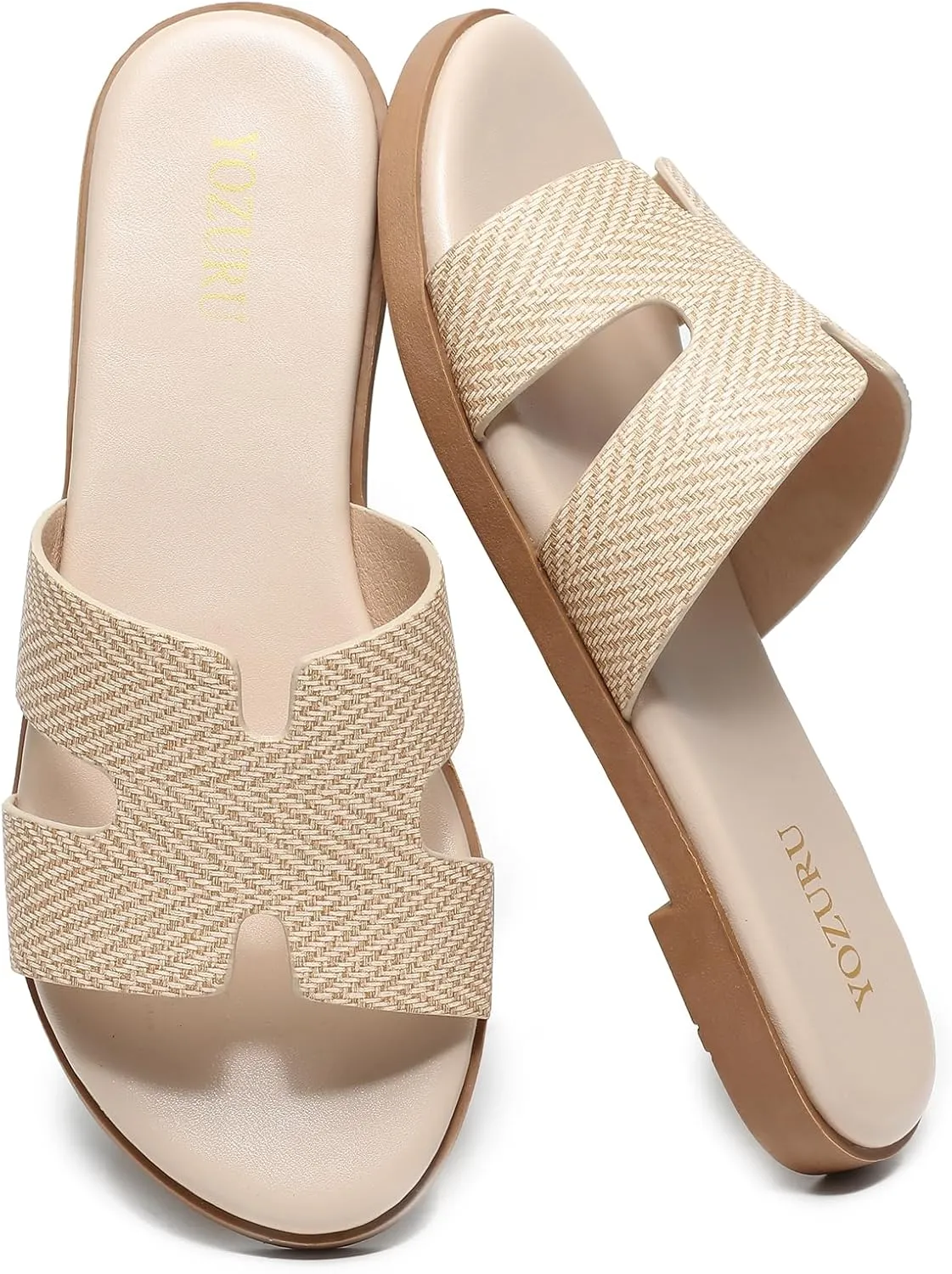 Yozuru Womens Flat Sandals Open Toe Dressy Summer Sandals Comfortable Casual Slip on Leather Slides Sandals for women
