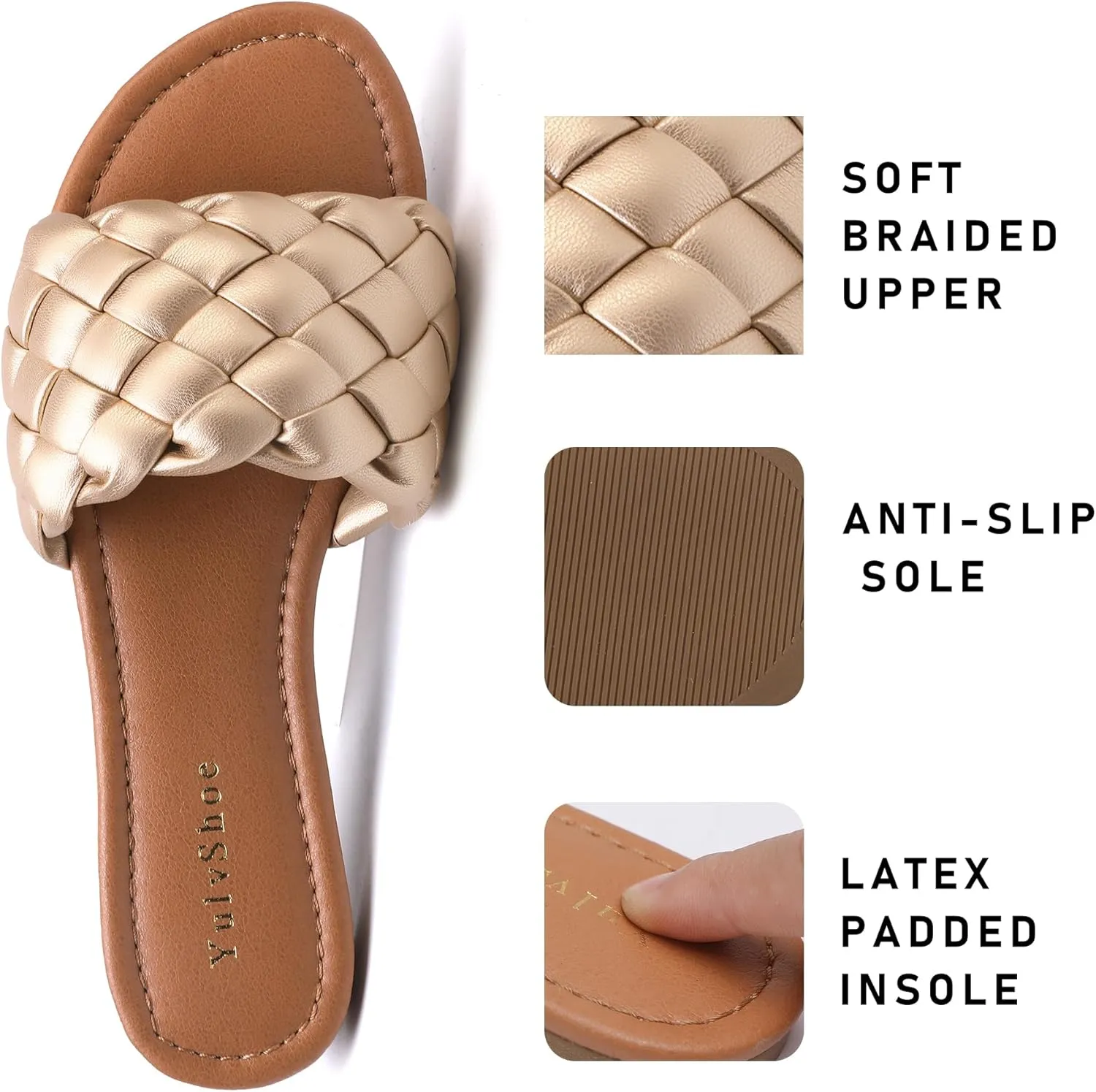 YULVSHOE Women's Braided Flat Sandals Fashion Woven Open Toe Slip On Slides Strappy Beach Sandals Slippers For Summer