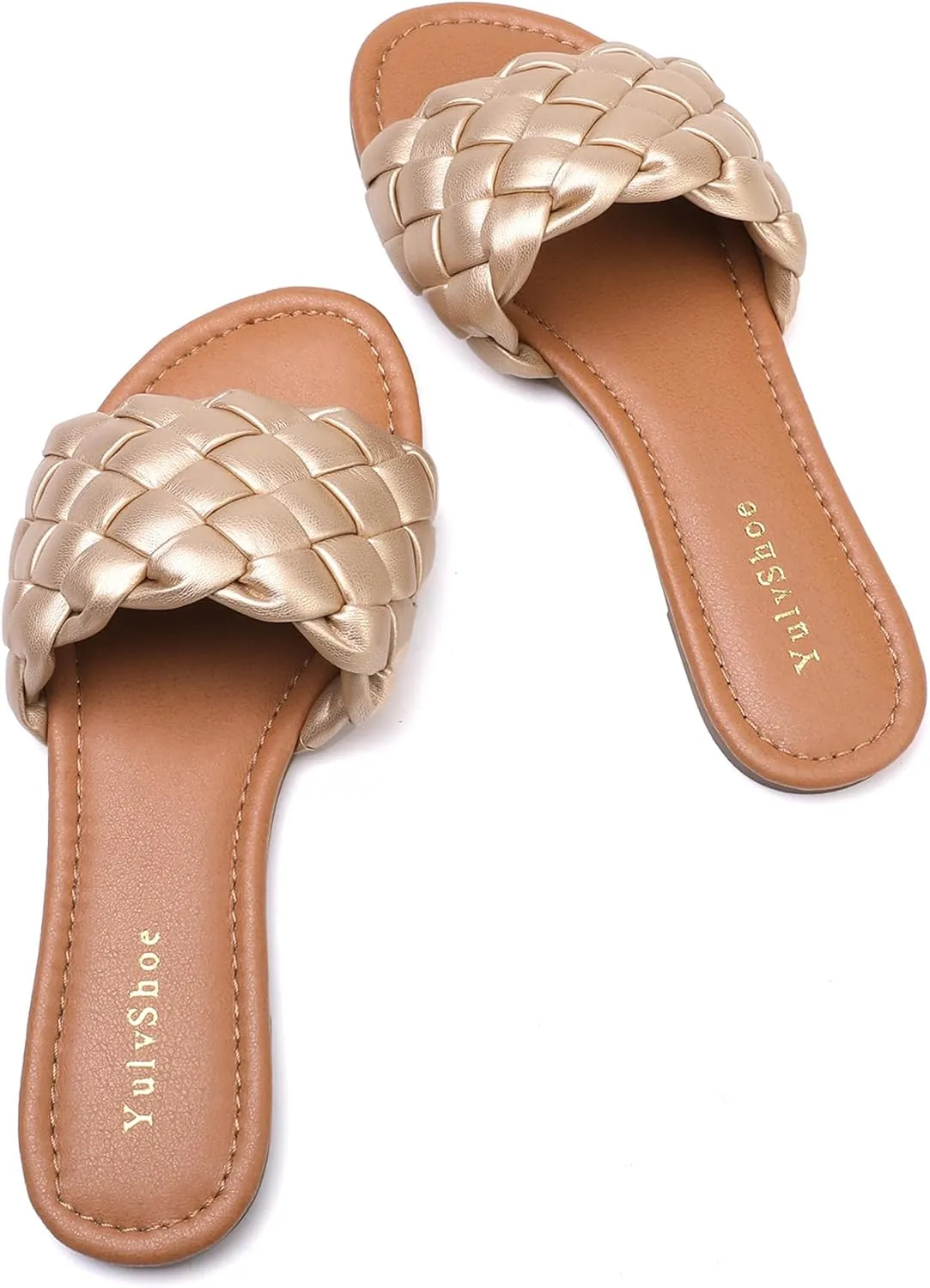 YULVSHOE Women's Braided Flat Sandals Fashion Woven Open Toe Slip On Slides Strappy Beach Sandals Slippers For Summer