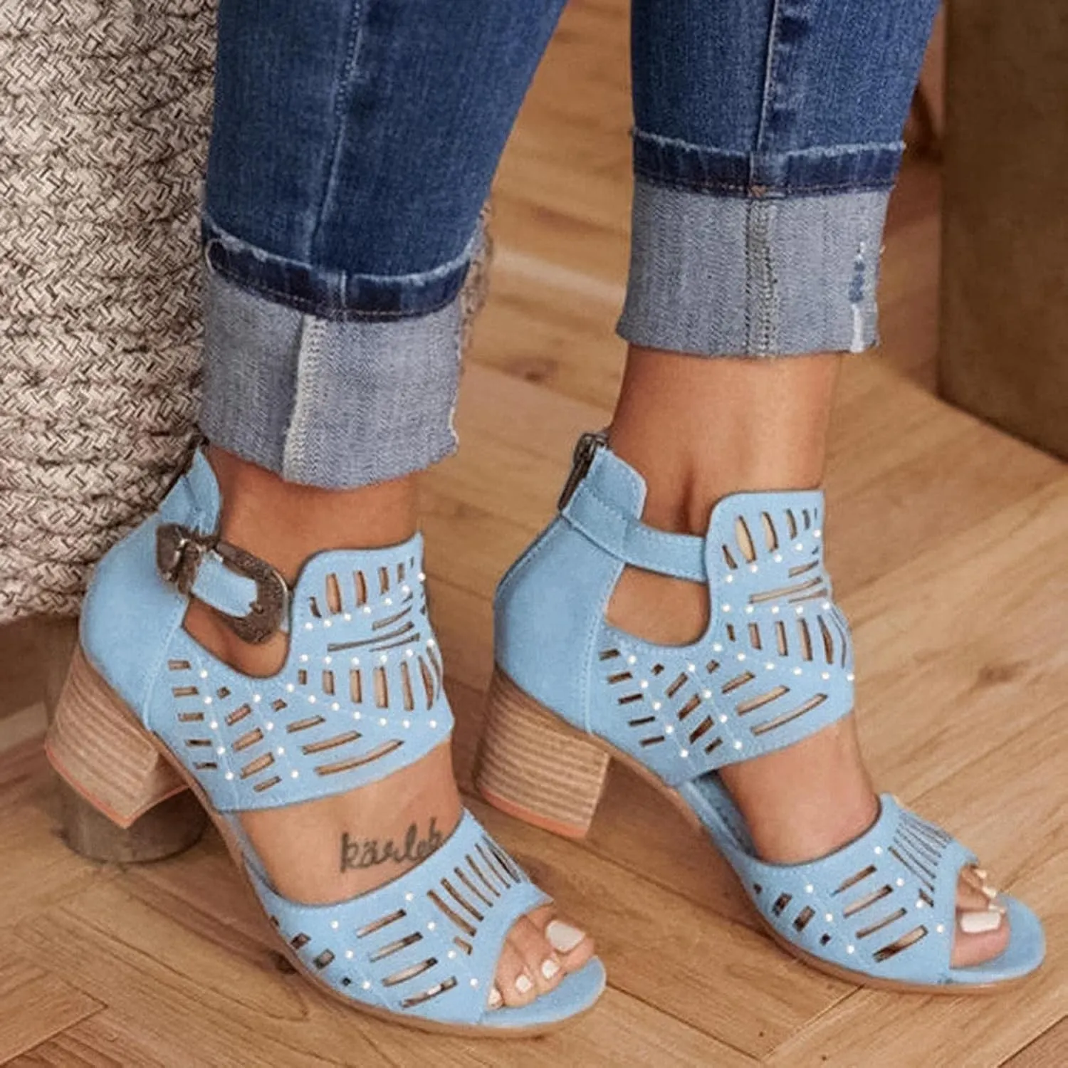 ZBYY Women's Ankle Strap Heeled Sandals Summer Platform Chunky Block Heel Sandals Cutout Peep Toe Heel Sandal with Zipper