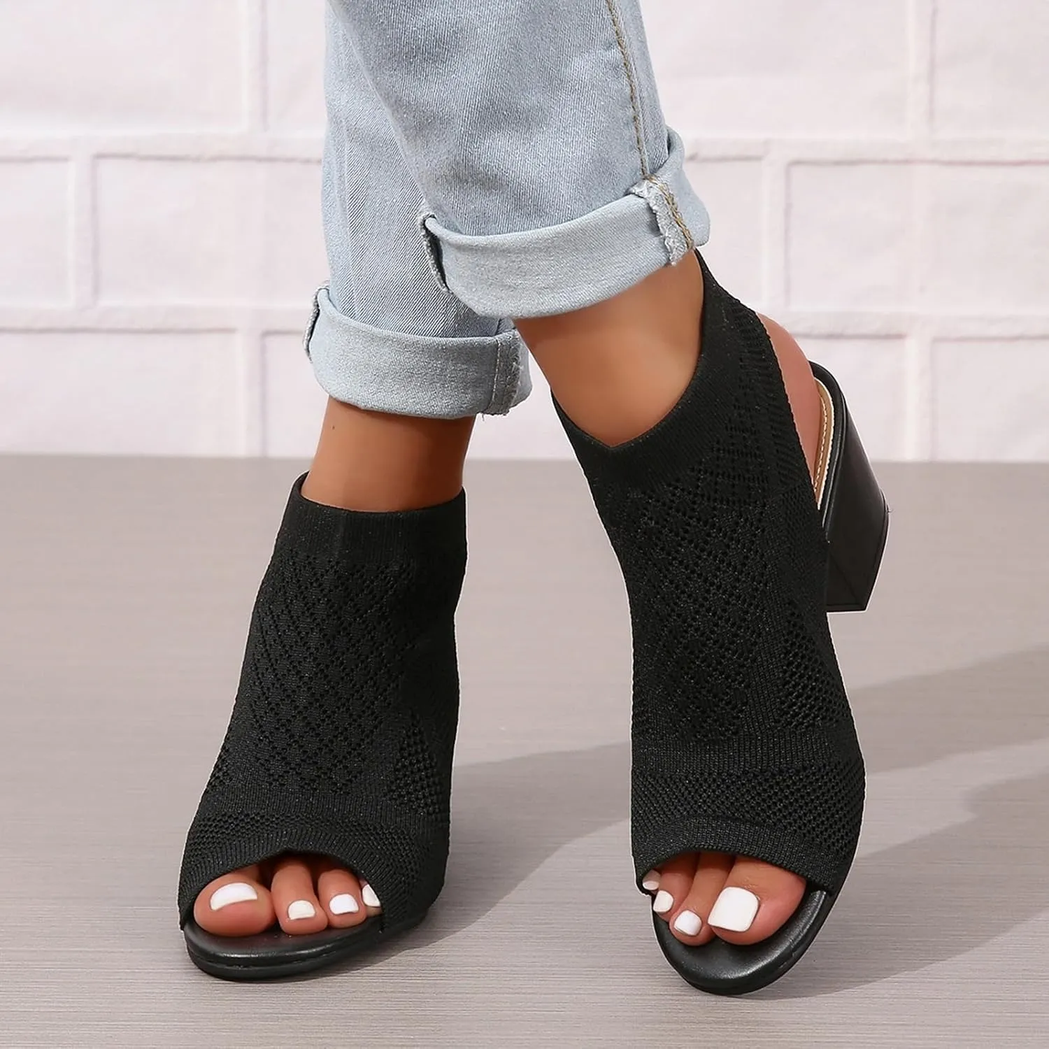 ZBYY Women's Knit Chunky Block High Heels Slingback Cut Out Peep Toe Chunky Stacked Heel Ankle Booties