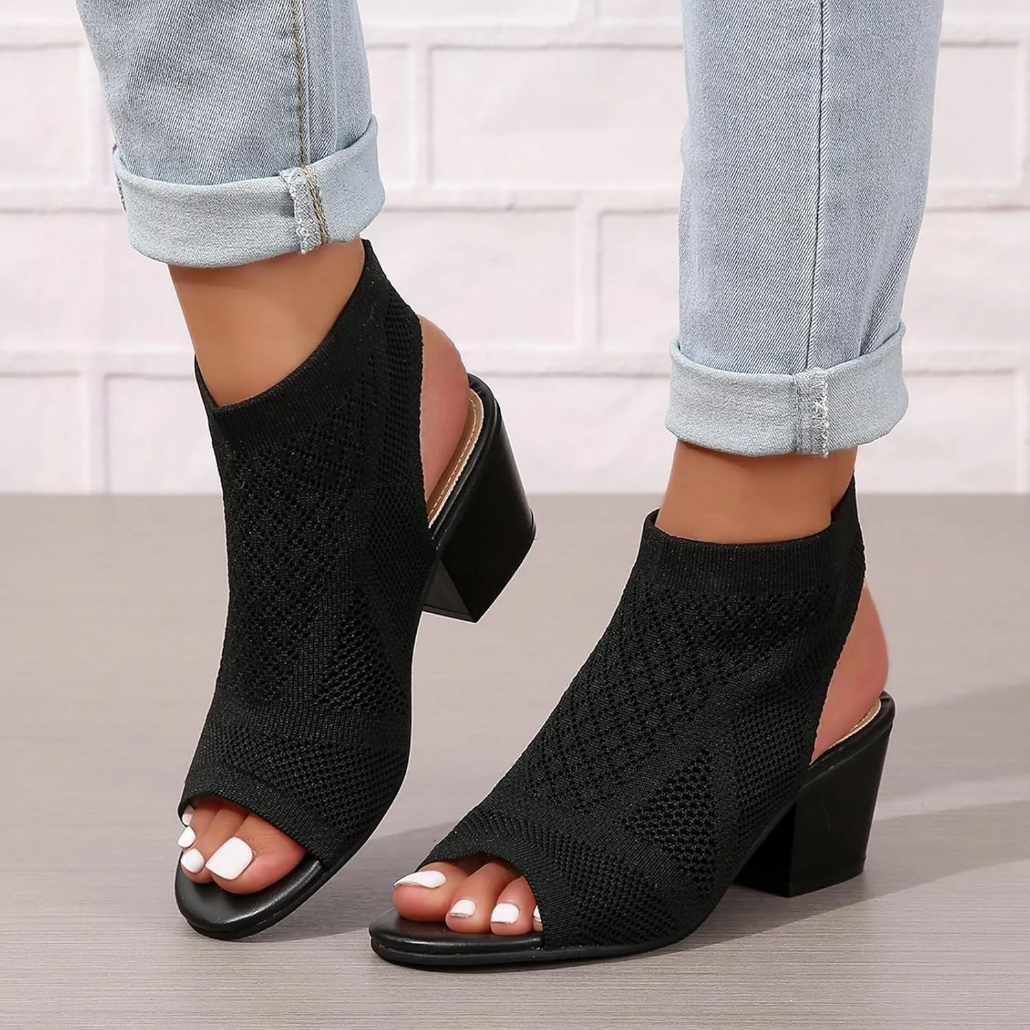 ZBYY Women's Knit Chunky Block High Heels Slingback Cut Out Peep Toe Chunky Stacked Heel Ankle Booties