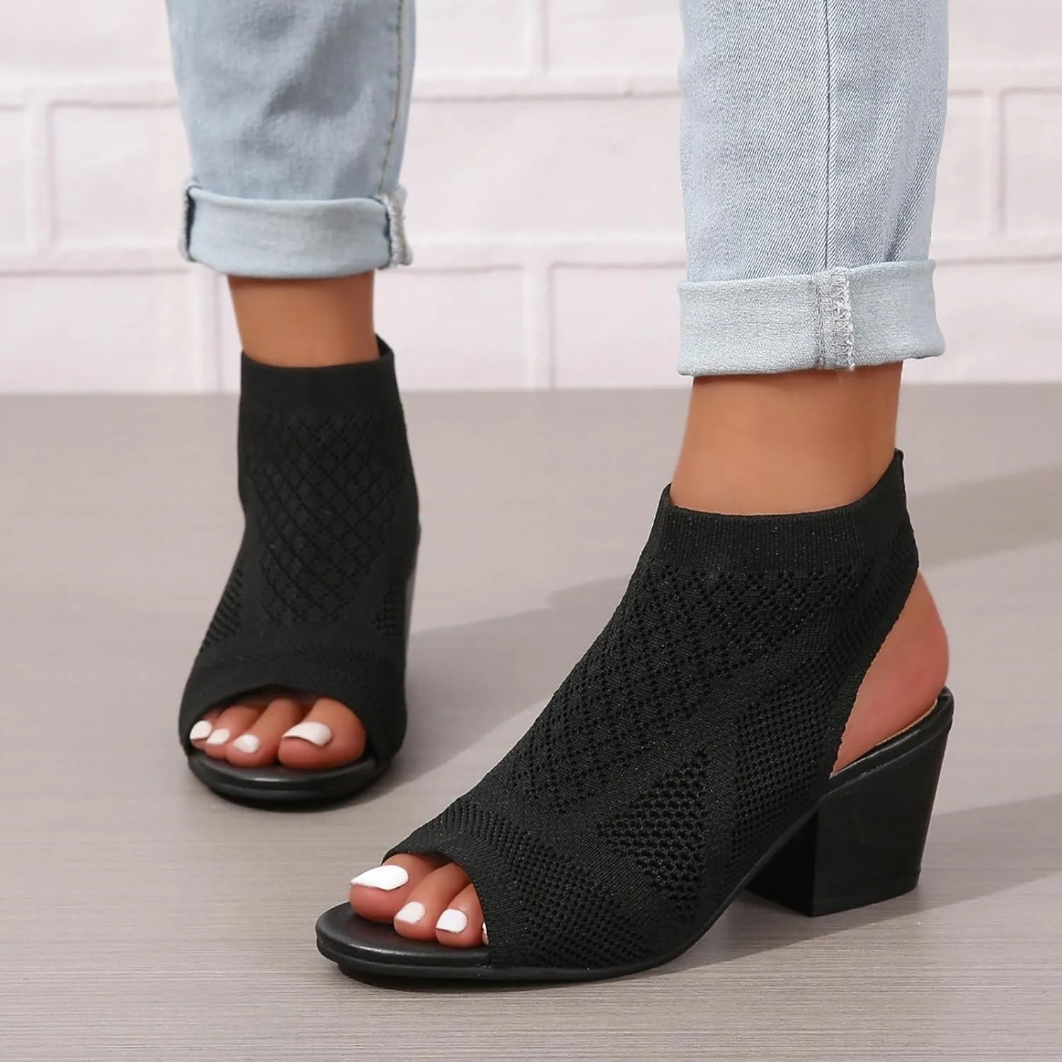 ZBYY Women's Knit Chunky Block High Heels Slingback Cut Out Peep Toe Chunky Stacked Heel Ankle Booties