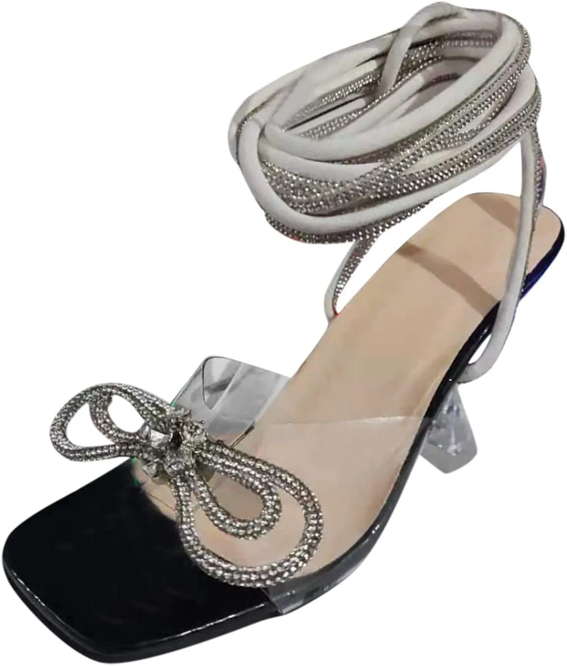 ZBYY Women's Lace Up Rhinestones High Heel Sandals Square Toe Clear Heels Sexy Strappy Open Toe Dress Party Wedding Shoes