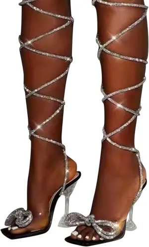 ZBYY Women's Lace Up Rhinestones High Heel Sandals Square Toe Clear Heels Sexy Strappy Open Toe Dress Party Wedding Shoes