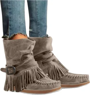ZBYY Women's Tassel Booties Fashion Fringe Suede Moccasins Ankle Boots Retro Winter Low Heel Dress Shoes for Lady