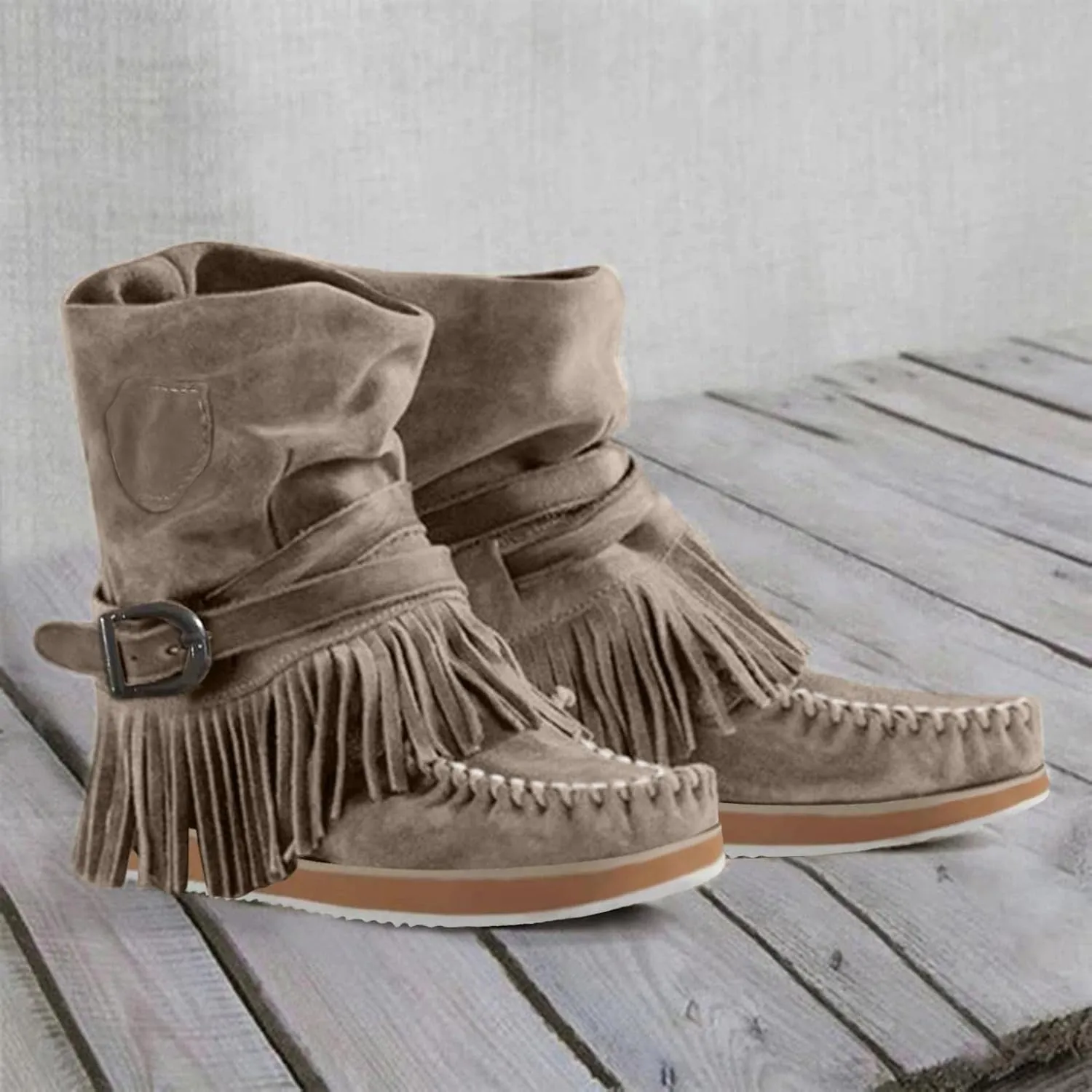 ZBYY Women's Tassel Booties Fashion Fringe Suede Moccasins Ankle Boots Retro Winter Low Heel Dress Shoes for Lady