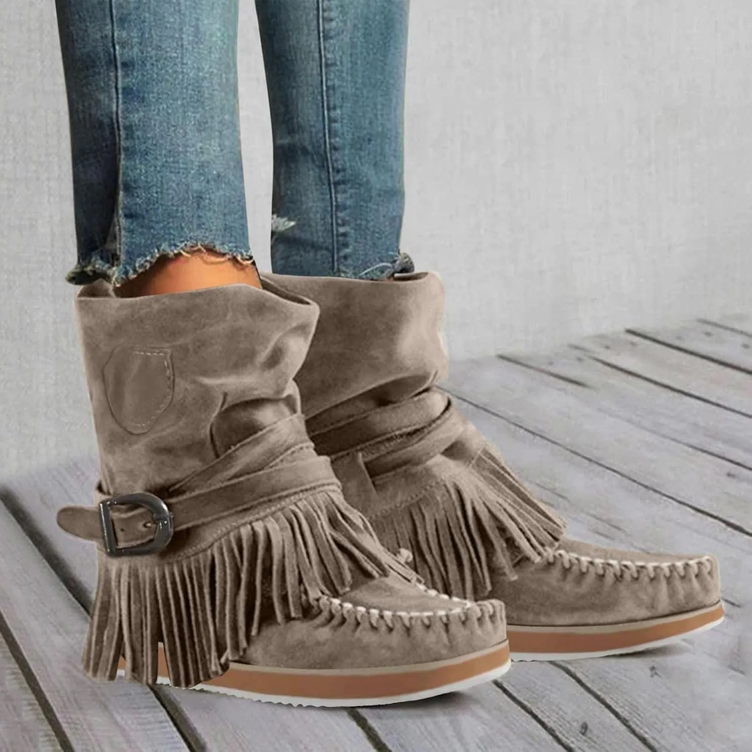 ZBYY Women's Tassel Booties Fashion Fringe Suede Moccasins Ankle Boots Retro Winter Low Heel Dress Shoes for Lady