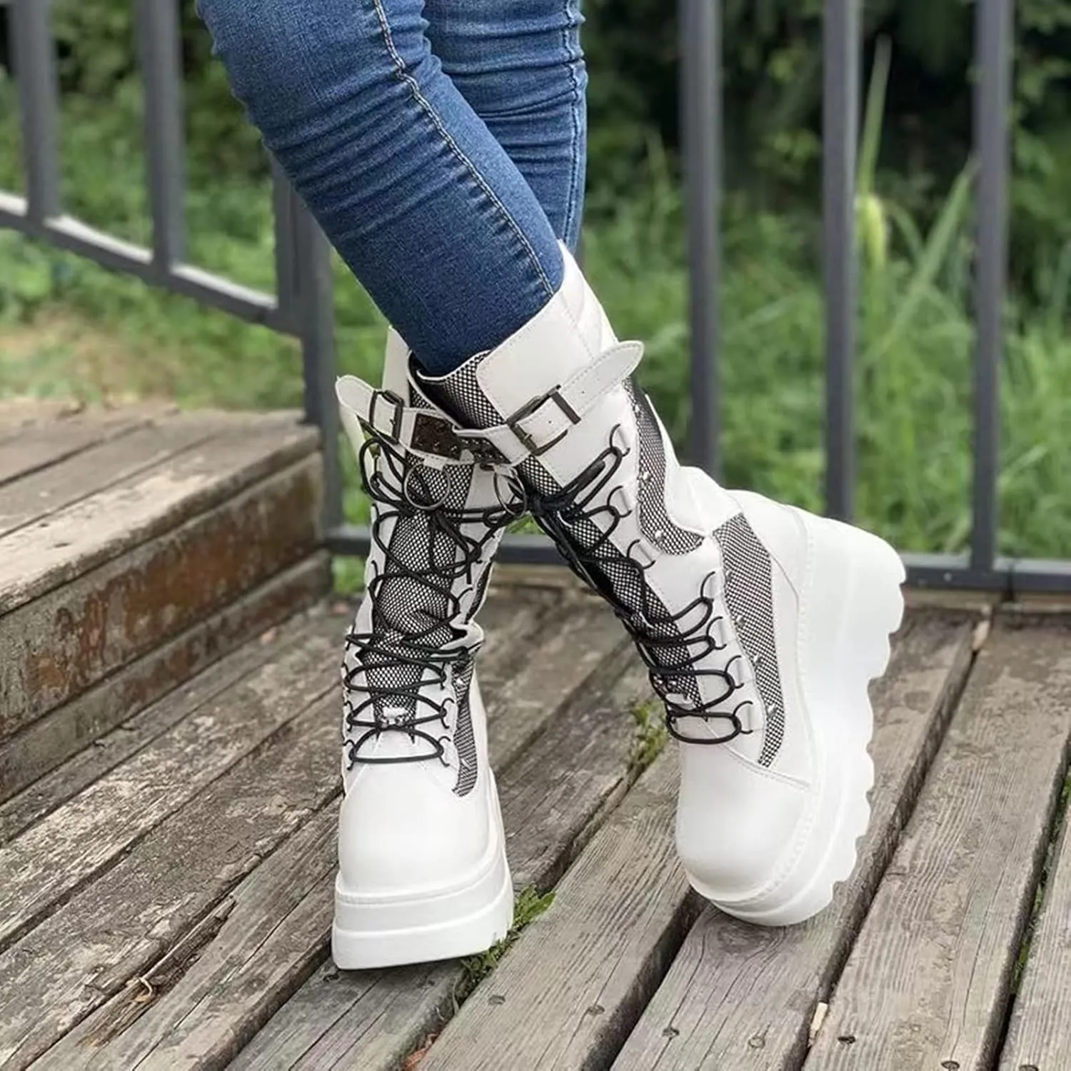 ZKXYFFS Platform Ankle Boots for Women Chunky High Heel Booties Punk Goth Round Toe Combat Boots Womens Lace Up Motorcycle Wedges Boots