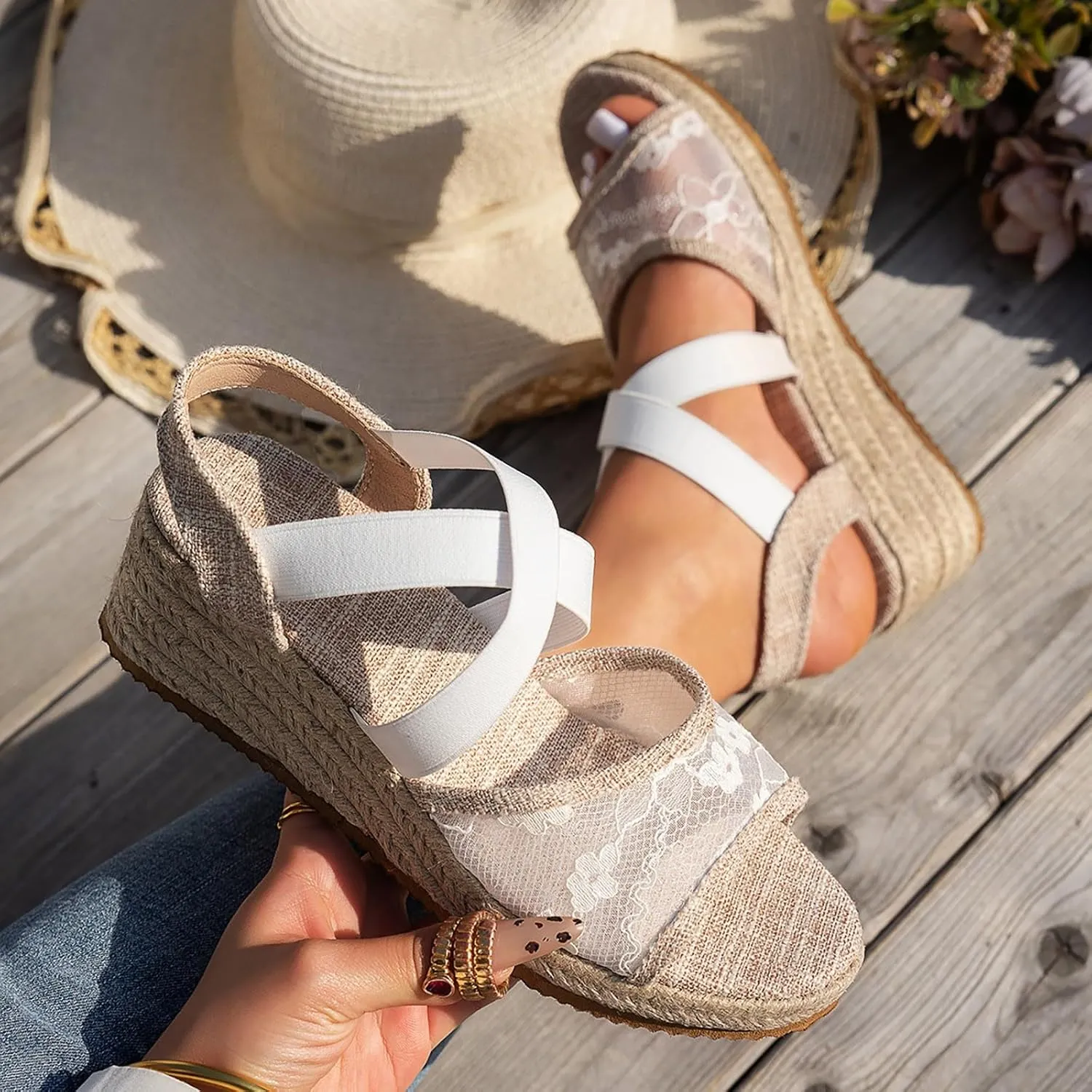 ZSpzx Espadrille Wedge Sandals for Women 2025 Comfortable Dressy Summer Women's Platform Ankle Crosscriss Strap Open Toe Lace Wedges Heels Walking Beach Casual Sandal Dress Shoes for Daily Wear