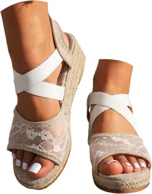ZSpzx Espadrille Wedge Sandals for Women 2025 Comfortable Dressy Summer Women's Platform Ankle Crosscriss Strap Open Toe Lace Wedges Heels Walking Beach Casual Sandal Dress Shoes for Daily Wear