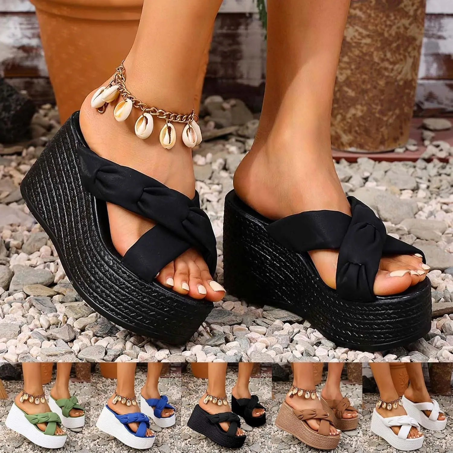 ZSpzx Espadrilles Wedge Sandals Womens Platform Bow Tie Open Toe Slides Shoes Slip On Women's Sparkly Fashion Dressy Prom Comfortable Slippers Retro Dress Summer Bohe Beach Ankle Strap Sandal