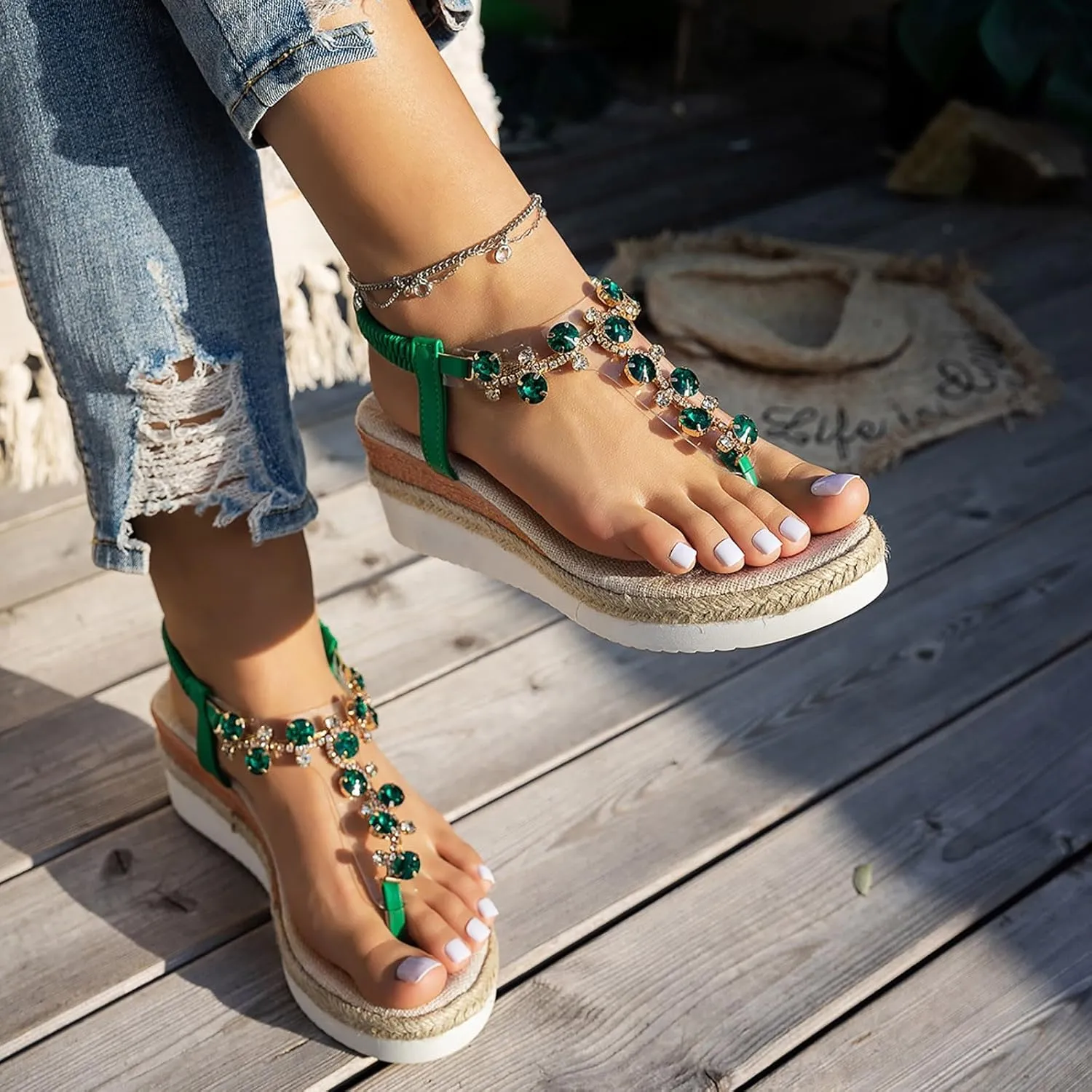 ZSpzx Rhinestone Sandals For Women Dressy Comfortable Open Toe T-Strap Beaded Bohemia Crystal Beach Sandal Slip On Summer Elastic Strap Orthopedic Casual Outdoor Walking Shoes for Daily Wear