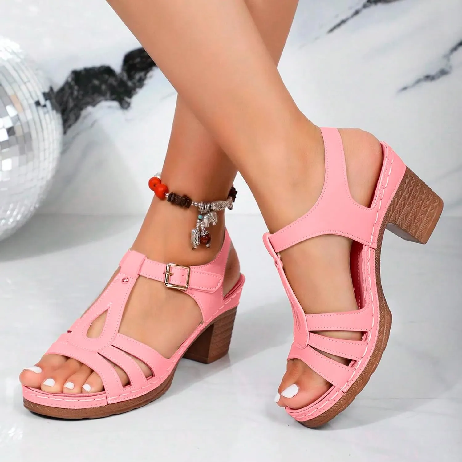 ZSpzx Summer Sandals For Women 2025,Women's Chunky Block Mid Heels Low Slip On Womens Ankle Straps Open Toe Hollow Out Comfortable Platform Sandal Heel Adjustable Walking Shoes for Daily Wear