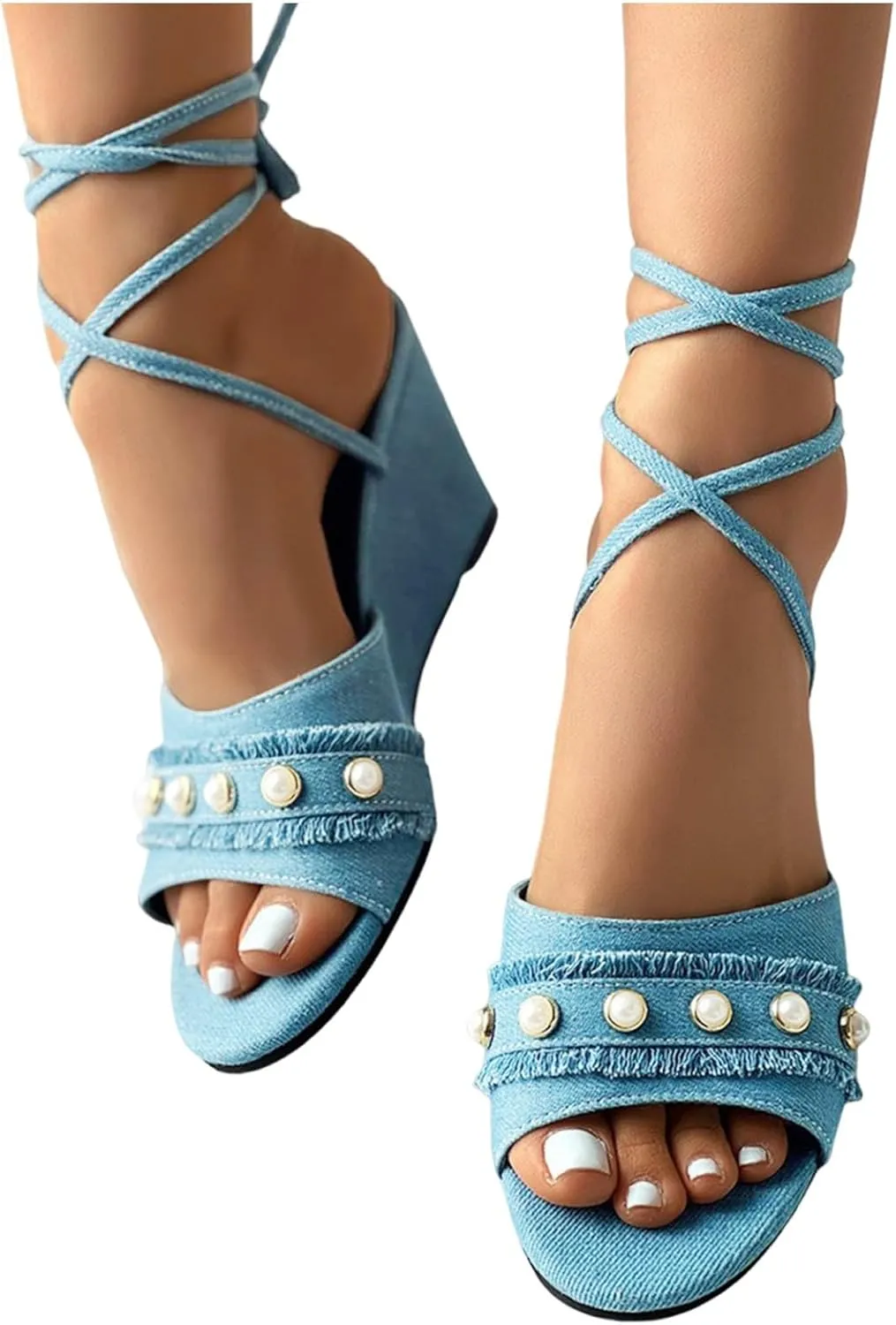 ZSpzx Women's Lace up Open Toe Wedges Sandals for Women 2025 Strappy Slingback Platform Heels Pearl Sandal Womens Shoes Tie Up Dressy Summer Slip on Comfortable Sexy Ankle Strap Crisscross Shoes