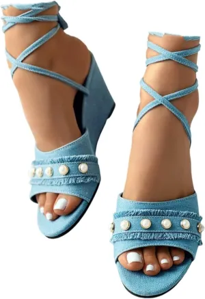ZSpzx Women's Lace up Open Toe Wedges Sandals for Women 2025 Strappy Slingback Platform Heels Pearl Sandal Womens Shoes Tie Up Dressy Summer Slip on Comfortable Sexy Ankle Strap Crisscross Shoes