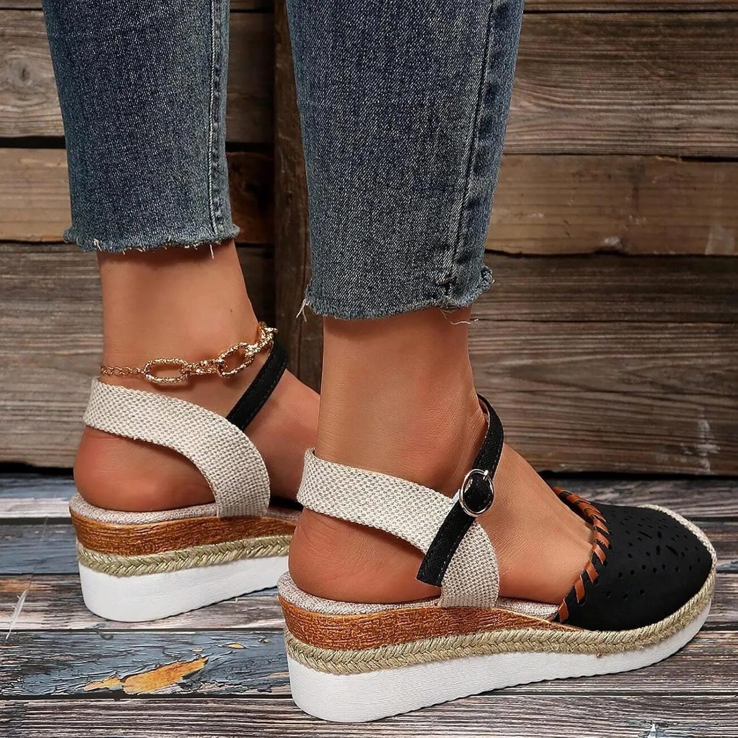 ZWRXW Closed Toe Sandals Women Arch Support Orthopedic Platform Wedge Sandals Buckle Ankle Strap Walking Sandal Boho Elegant Dressy Summer Shoes