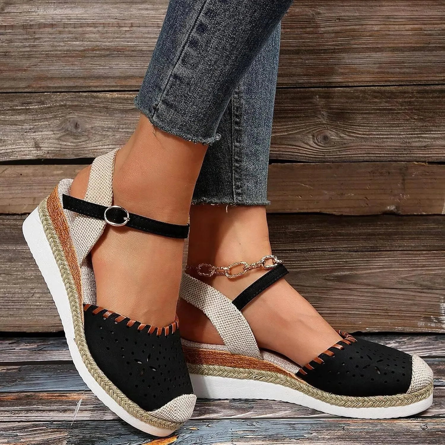 ZWRXW Closed Toe Sandals Women Arch Support Orthopedic Platform Wedge Sandals Buckle Ankle Strap Walking Sandal Boho Elegant Dressy Summer Shoes