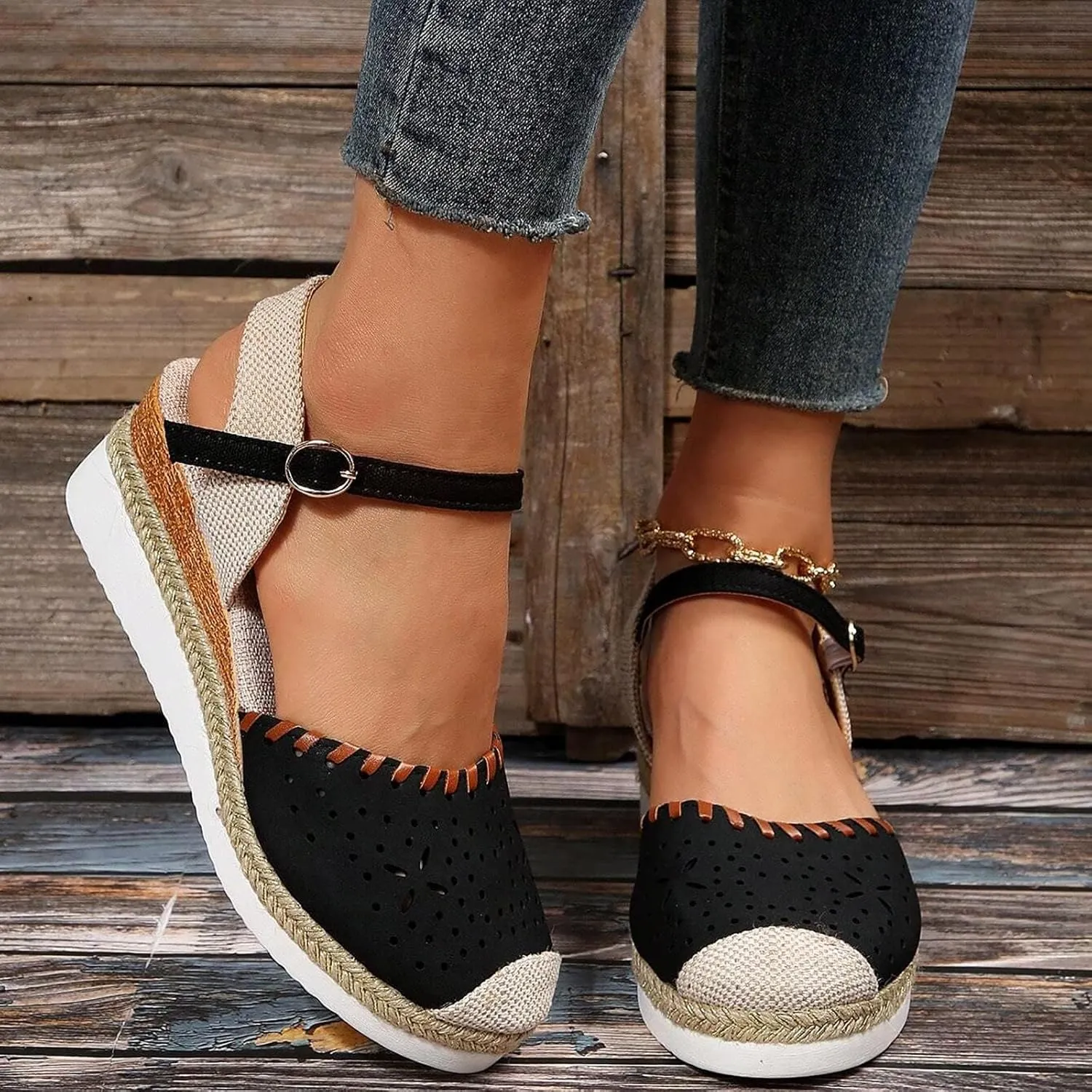 ZWRXW Closed Toe Sandals Women Arch Support Orthopedic Platform Wedge Sandals Buckle Ankle Strap Walking Sandal Boho Elegant Dressy Summer Shoes