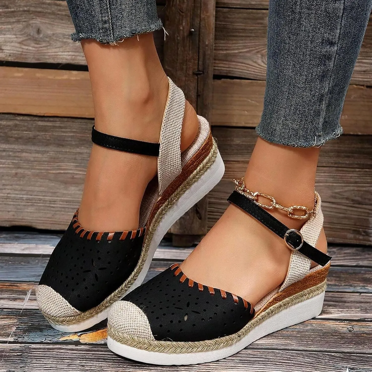 ZWRXW Closed Toe Sandals Women Arch Support Orthopedic Platform Wedge Sandals Buckle Ankle Strap Walking Sandal Boho Elegant Dressy Summer Shoes