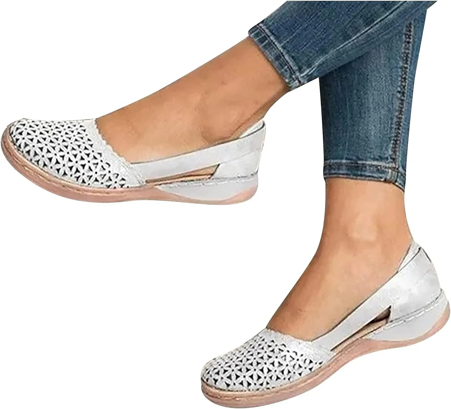 ZWRXW Sandals for Women Dressy Hollow Ballet Flats Round Toe Low Heels Lightweight Flats Sandals Casual Summer Slides Sandal Wedge Shoes Walking Shoes with Comfortable Plantar Fasciitis Arch Support
