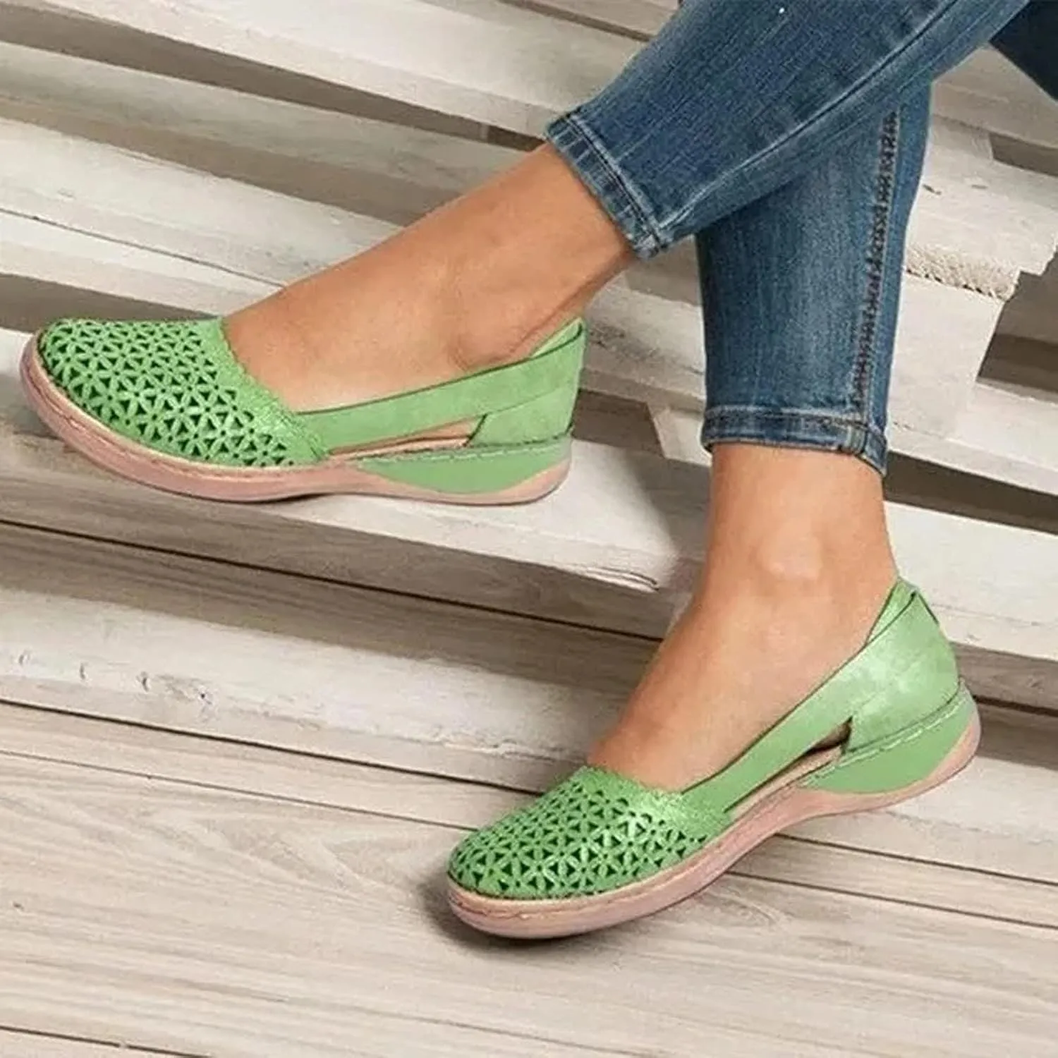 ZWRXW Sandals for Women Dressy Hollow Ballet Flats Round Toe Low Heels Lightweight Flats Sandals Casual Summer Slides Sandal Wedge Shoes Walking Shoes with Comfortable Plantar Fasciitis Arch Support