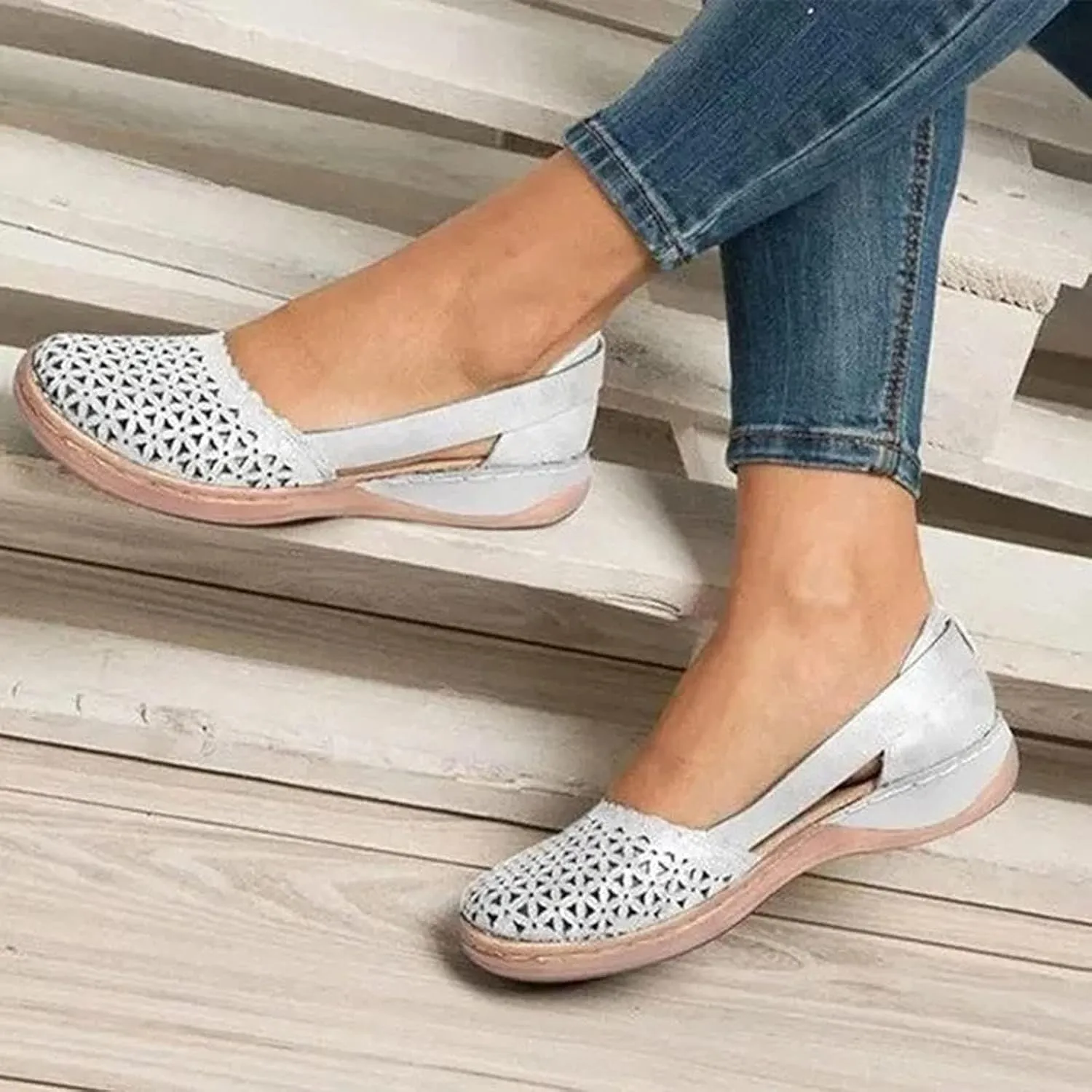 ZWRXW Sandals for Women Dressy Hollow Ballet Flats Round Toe Low Heels Lightweight Flats Sandals Casual Summer Slides Sandal Wedge Shoes Walking Shoes with Comfortable Plantar Fasciitis Arch Support