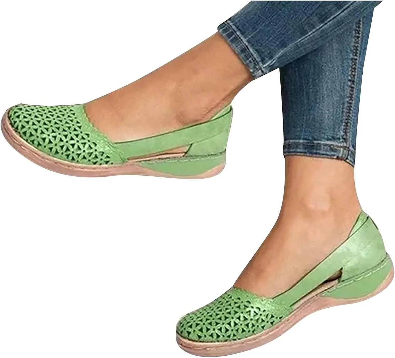 ZWRXW Sandals for Women Dressy Hollow Ballet Flats Round Toe Low Heels Lightweight Flats Sandals Casual Summer Slides Sandal Wedge Shoes Walking Shoes with Comfortable Plantar Fasciitis Arch Support