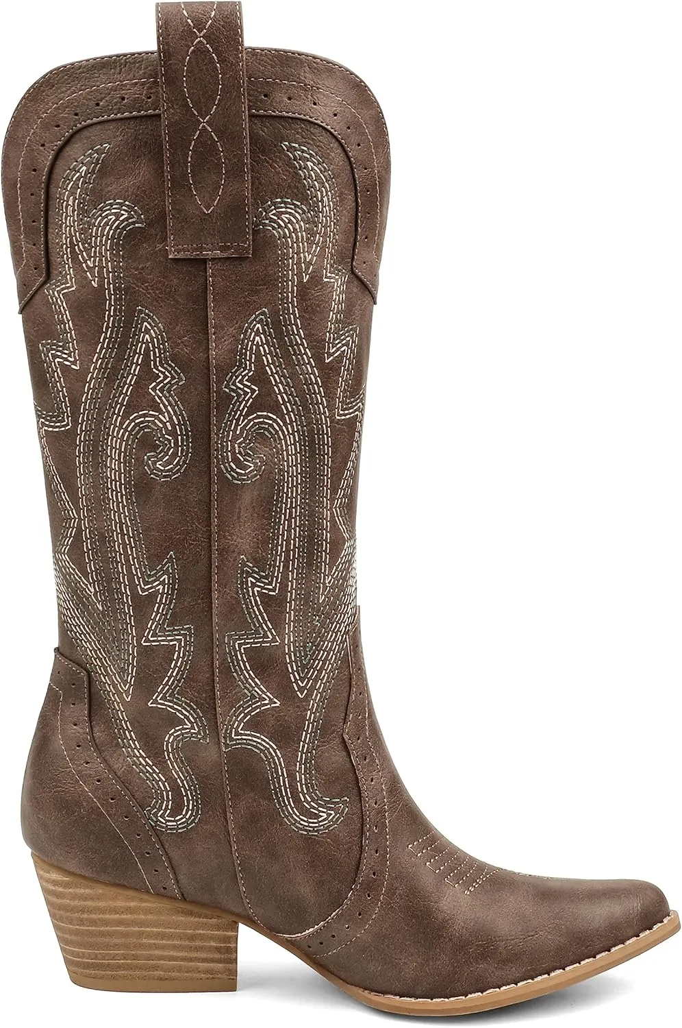 Zzheels Women Mid-calf Cowboy Boots Pointy Toe Boots Embroidered Western Cowgirl Boots Chunky Heels