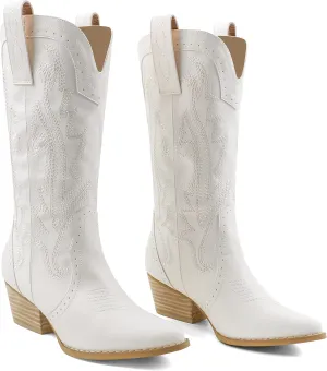 Zzheels Women Mid-calf Cowboy Boots Pointy Toe Boots Embroidered Western Cowgirl Boots Chunky Heels