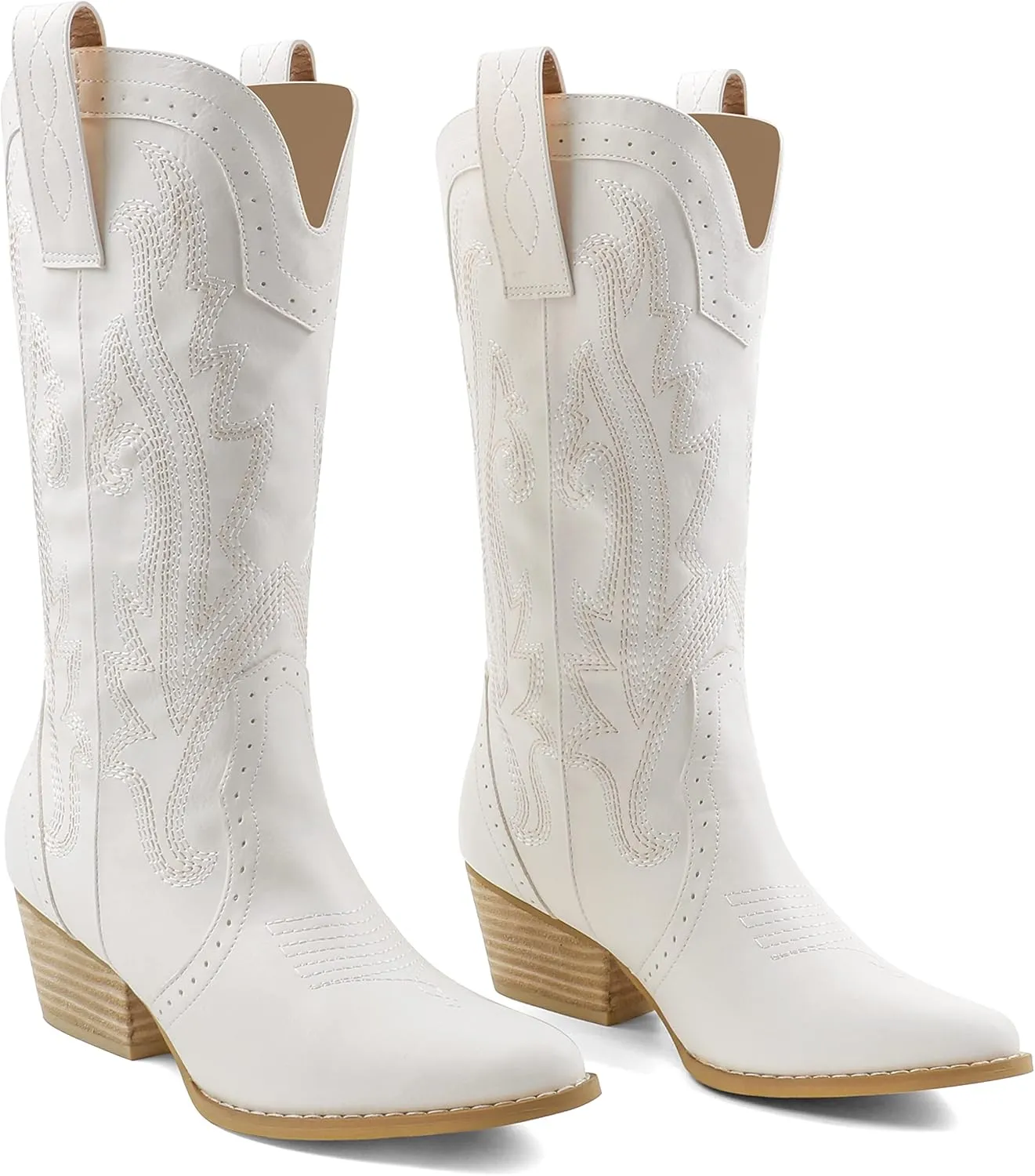 Zzheels Women Mid-calf Cowboy Boots Pointy Toe Boots Embroidered Western Cowgirl Boots Chunky Heels